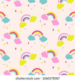 Rainbow and clouds cute baby seamless vector pattern.