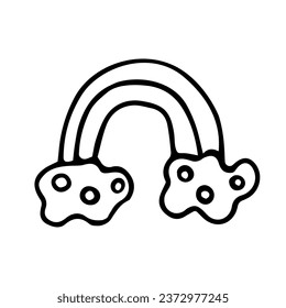Rainbow with clouds. Cute children's illustration. Vector contour, black and white hand-drawn doodles. Logo, template, clipart, sketch, icon.