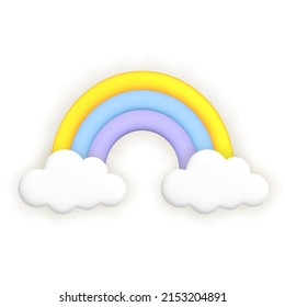 Rainbow and clouds. Cute weather realistic icon. 3d cartoon vector illustration.