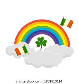 A rainbow in the clouds, decorated with the flag of Ireland and a shamrock. Vector illustration of St. Patrick's Day isolated on a white background.