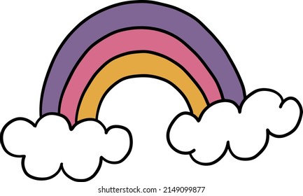 A rainbow with clouds at the ends in the retro style of the 60s, 70s.