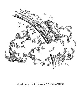 Rainbow in clouds. Engraving style. Vector illustration.