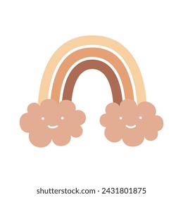 Rainbow with clouds, faces smiling on clouds, flat vector illustration with cream colors on white background.