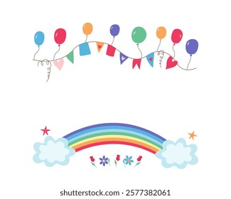 Rainbow with clouds, flags, hearts, balloons, flowers. Space for text, banner, frame. Funny cartoon icons. Greeting card decor, party invitation.