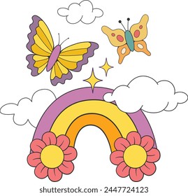 Rainbow with clouds, flowers and butterflies