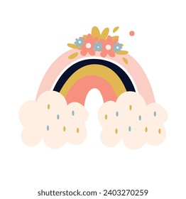 Rainbow with clouds and flowers. Vector illustration in flat style.