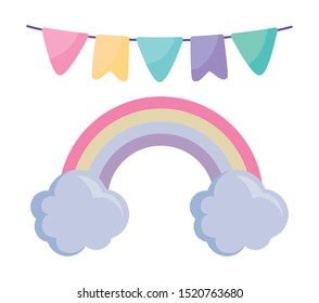 rainbow with clouds and garlands hanging