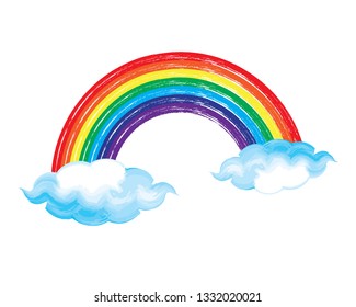 Rainbow and clouds in grunge hand drawn style. Vector