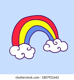 Rainbow with clouds. Hand drawn simple colorful icon. Vector  doodle illustration, clipart.