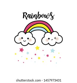 rainbow and clouds have stars around. icon, vector, illustration