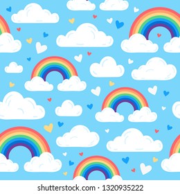 Rainbow, clouds and hearts. Colorful cute rainbow wallpaper illustration in flat style. Summer symbol. Vector flat seamless pattern