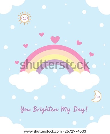 Rainbow with clouds and hearts in message card design, symbolizing love, happiness, positivity, childhood joy, and hope.
