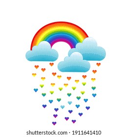 Regenbogen, Wolken und herzförmige Regentropfen