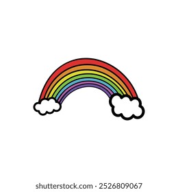 Rainbow with clouds icon. Flat color design. Symbol of rainbow and two clouds. Suitable for use in children's story book designs or illustrations from children's fairy tales.