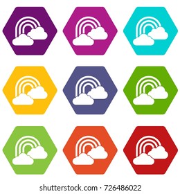 Rainbow and clouds icon set many color hexahedron isolated on white vector illustration