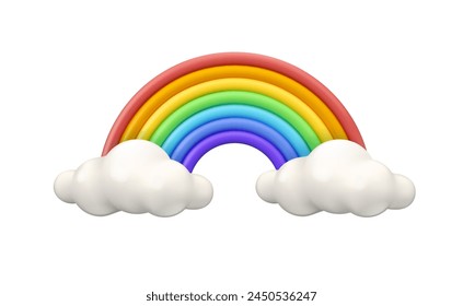 Rainbow with clouds icon. Vector 3d illustration, isolated on white background. Cute cartoon spring weather design element