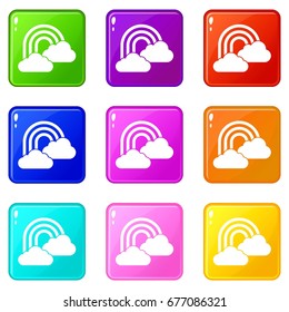 Rainbow and clouds icons of 9 color set isolated vector illustration