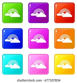 Rainbow and clouds icons of 9 color set isolated vector illustration