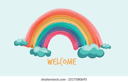 Regenbogen mit Wolken. Illustration für Kinder, Schulen, Kinderkrippen. Begrüßungsbaby