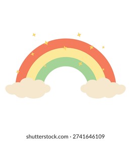 Rainbow and Clouds Illustration, Cute Sky with Stars Illustration. Cheerful Rainbow Icon, Stars and Cloud Design