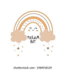 Rainbow with clouds and lettering in scandinavian style for childish design isolated on white background
