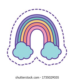 rainbow with clouds line and fill style icon design, Cute patch expression emoticon and childhood theme Vector illustration