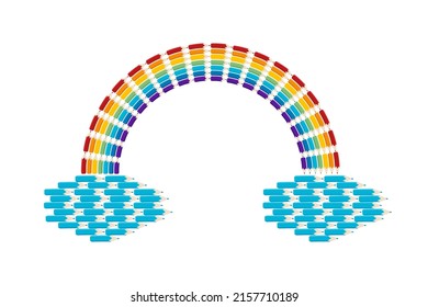 Rainbow and clouds made from colored pencils. Сolored pencils in the shape of a rainbow. Vector illustration.