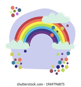 Rainbow in clouds, multicolor rain of lollipops, children's drawing. Vector illustration in cheerful bright colors for textiles, backgrounds, packaging.