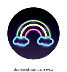 Icono de ilustración vectorial de las luces de neón arco iris y nubes
