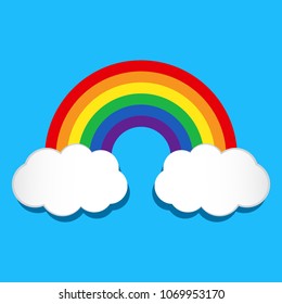 Rainbow and clouds on blue background. Vector illustration