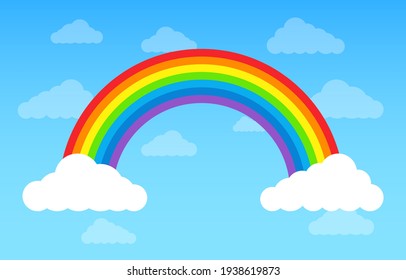 Rainbow with clouds on blue sky. Multicoloured circular arc. Beautiful meteorological phenom occurring after rain. Symbol of sky, clear, nature. Template design for kids bedroom, wallpaper. Vector