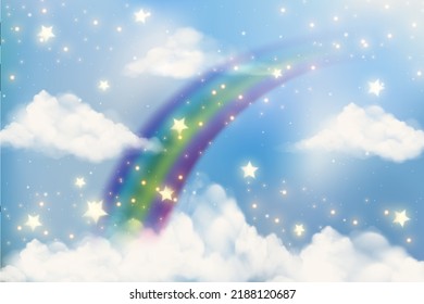 Rainbow and clouds on gradient background. Fantasy sky with stars. Unicorn abstract backdrop. Cute watercolor vector illustration.
