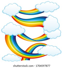 Rainbow and clouds on a white background.