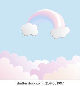 Rainbow and clouds in pastel color on blue background with free copy space. Vector illustration wallpaper. Fantasy  or fairytale concept.