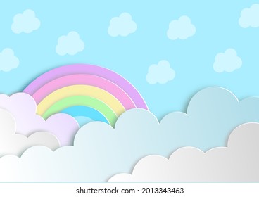 Rainbow and clouds in pastel color as paper craft style on blue background with free copy space. Vector illustration wallpaper.