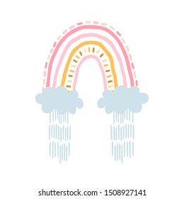 Rainbow with clouds, rain in cartoon style isolated on white background for kids. Cute illustration in hand drawn style for posters, prints, cards, fabric, children's books, interior design. Vector