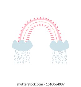Rainbow with clouds, rain in cartoon style isolated on white background for kids. Cute illustration in hand drawn style for posters, prints, cards, fabric, children's books, interior design. Vector
