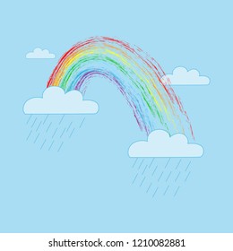 Rainbow clouds rain. Illustration colorful spectrum arc. Cute colorful symbol spring, summer, rain. Color bow mark clean nature. Template for t shirt, card, poster. Design element. Vector illustration