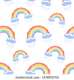 A rainbow with clouds and rain. Pattern for children's rooms. Pattern for fabrics. Seamless background.