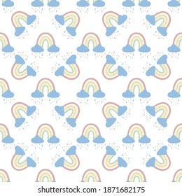 Rainbow with clouds and raindrops, doodles and circles in a seamless pattern. Children's pattern in muted pastel colors. Hand-drawn vector illustration. Design for textiles, wrappers