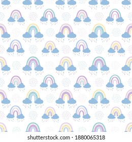Rainbow with clouds and raindrops, doodles and circles in a seamless pattern. Children's pattern in muted pastel colors. Hand-drawn vector illustration. Design for textiles, wrappers