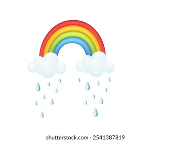 Arco iris con nubes y gotas de lluvia. Ideal para temas inspiradores, de Clima o para niños. Ilustración vectorial aislada sobre fondo blanco.