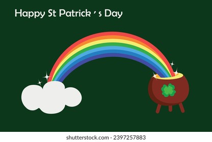 A rainbow in the clouds rests on a cauldron of gold and clover. Vector illustration with Happy St. Patrick's Day lettering