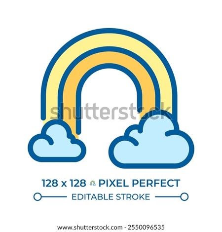 Rainbow and clouds RGB color icon. Symbolizing optimism, hope and weather phenomena. Colorful light after rain. Isolated vector illustration. Simple filled line drawing. Editable stroke