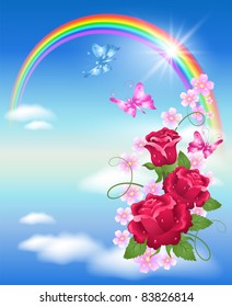 Rainbow, clouds, roses and butterfly