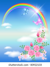 Rainbow, clouds, roses and butterfly