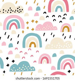 Rainbow with clouds seamless pattern. Childish print for nursery in a Scandinavian style. For baby clothes, interior, packaging. Vector cartoon illustration in pastel colors.