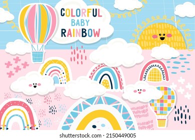 Rainbow and clouds set elements for design. Scandinavian kids style. Vector illustration, hand drawn