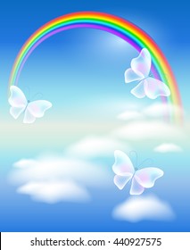 Rainbow in clouds sky with butterflies