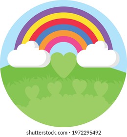 Rainbow with clouds and sky Concept Vector Color Icon Design, Nature Lover Symbol, Heart in nature Stock illustration, Beautiful Landscape scenery Ideas in Round Shape,